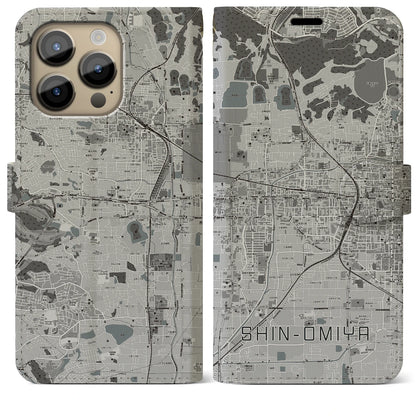 【新大宮（奈良県）】地図柄iPhoneケース（手帳タイプ）モノトーン・iPhone 14 Pro Max 用