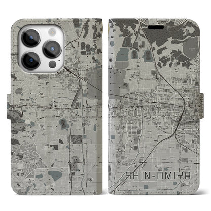 【新大宮（奈良県）】地図柄iPhoneケース（手帳タイプ）モノトーン・iPhone 14 Pro 用