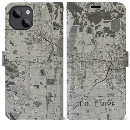 【新大宮（奈良県）】地図柄iPhoneケース（手帳タイプ）モノトーン・iPhone 14 Plus 用