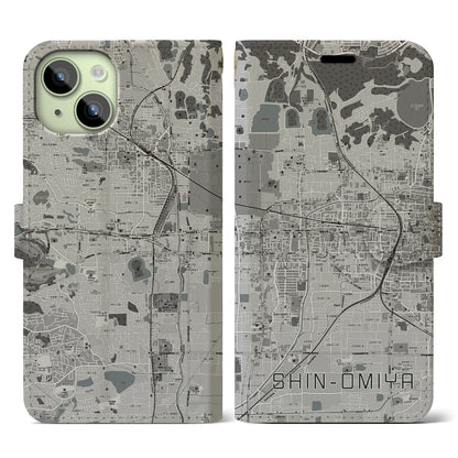 【新大宮（奈良県）】地図柄iPhoneケース（手帳タイプ）モノトーン・iPhone 15 用