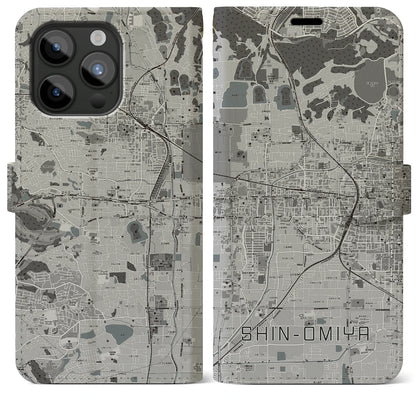 【新大宮（奈良県）】地図柄iPhoneケース（手帳タイプ）モノトーン・iPhone 15 Pro Max 用