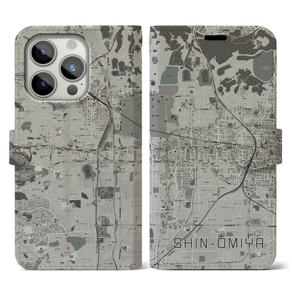 【新大宮（奈良県）】地図柄iPhoneケース（手帳タイプ）モノトーン・iPhone 15 Pro 用