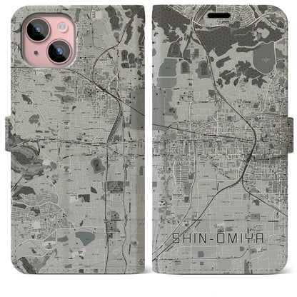 【新大宮（奈良県）】地図柄iPhoneケース（手帳タイプ）モノトーン・iPhone 15 Plus 用