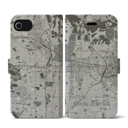 【新大宮（奈良県）】地図柄iPhoneケース（手帳タイプ）モノトーン・iPhone SE（第3 / 第2世代） / 8 / 7 / 6s / 6 用