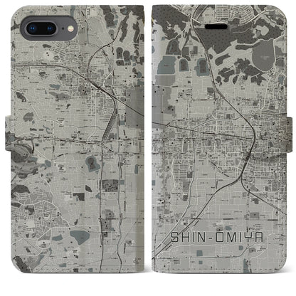 【新大宮（奈良県）】地図柄iPhoneケース（手帳タイプ）モノトーン・iPhone 8Plus /7Plus / 6sPlus / 6Plus 用