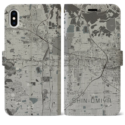 【新大宮（奈良県）】地図柄iPhoneケース（手帳タイプ）モノトーン・iPhone XS Max 用