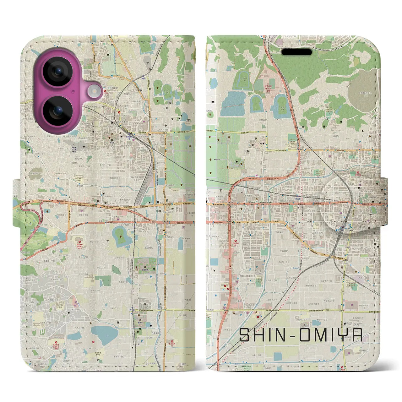 【新大宮（奈良県）】地図柄iPhoneケース（手帳タイプ）ナチュラル・iPhone 16 Pro 用