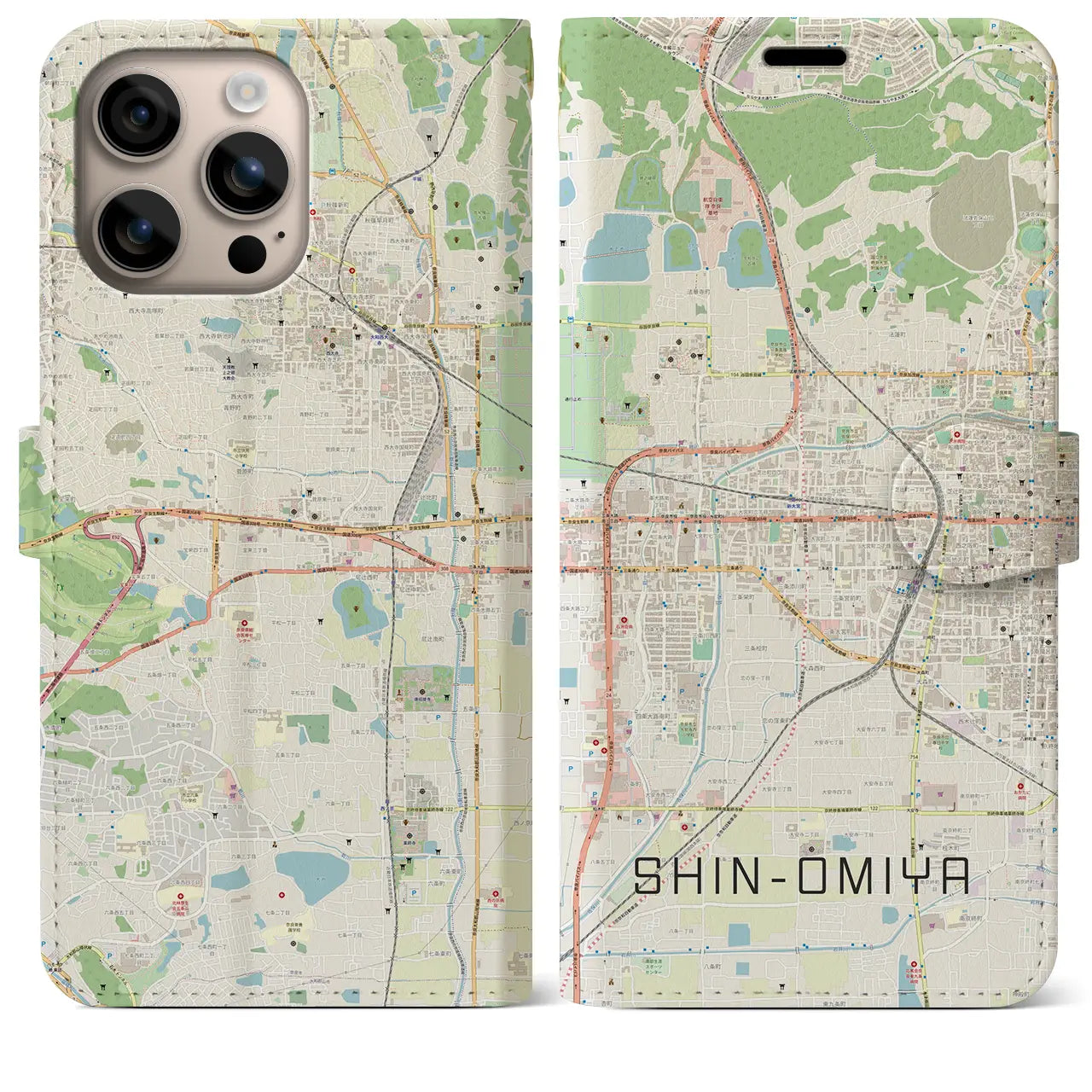 【新大宮（奈良県）】地図柄iPhoneケース（手帳タイプ）ナチュラル・iPhone 16 Plus 用