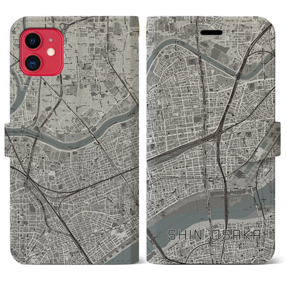 【新大阪（大阪府）】地図柄iPhoneケース（手帳タイプ）モノトーン・iPhone 11 用