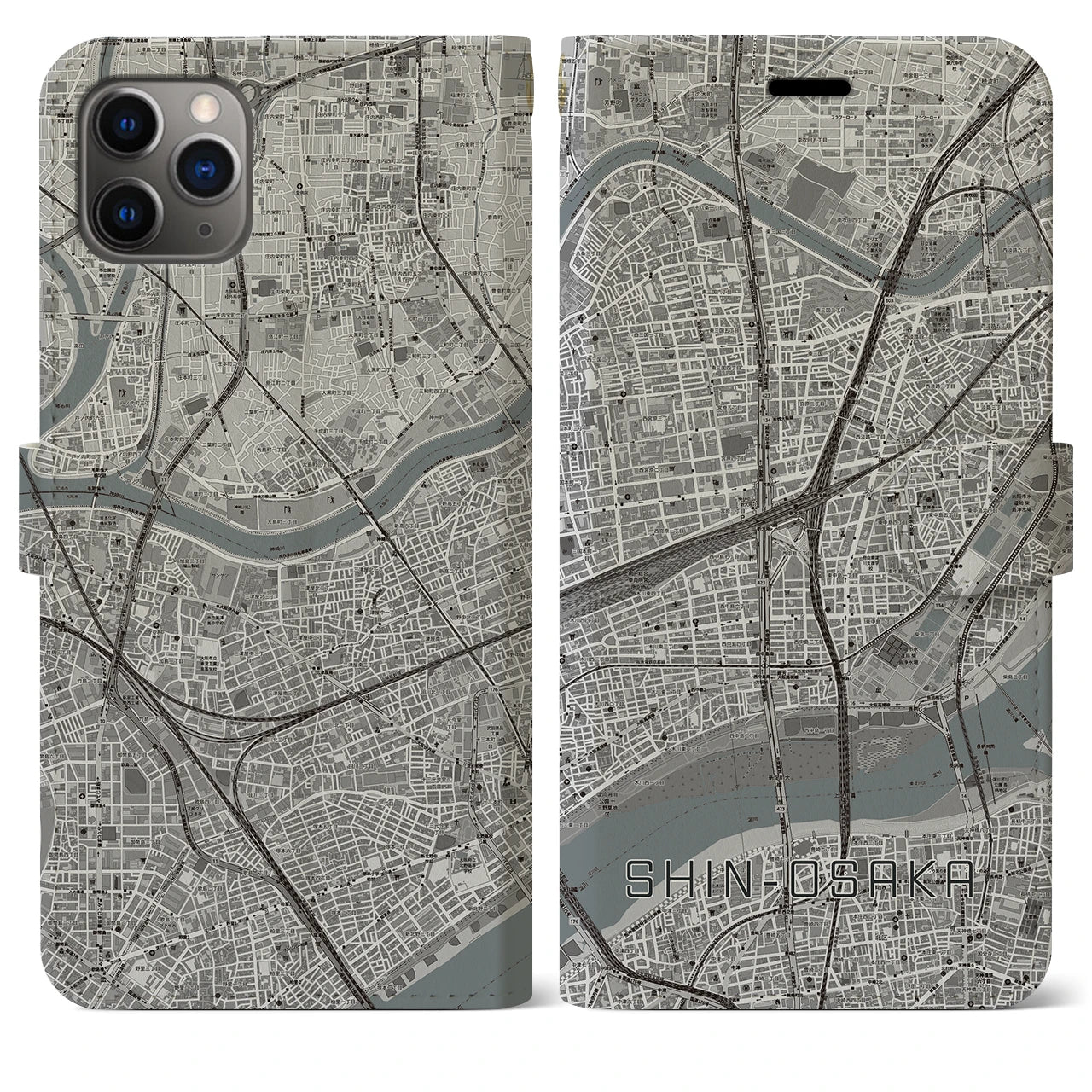 【新大阪】地図柄iPhoneケース（手帳両面タイプ・モノトーン）iPhone 11 Pro Max 用