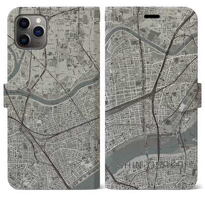 【新大阪（大阪府）】地図柄iPhoneケース（手帳タイプ）モノトーン・iPhone 11 Pro Max 用