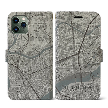 【新大阪（大阪府）】地図柄iPhoneケース（手帳タイプ）モノトーン・iPhone 11 Pro 用