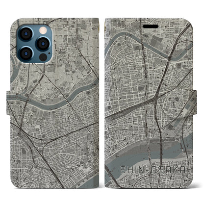 【新大阪（大阪府）】地図柄iPhoneケース（手帳タイプ）モノトーン・iPhone 12 / 12 Pro 用