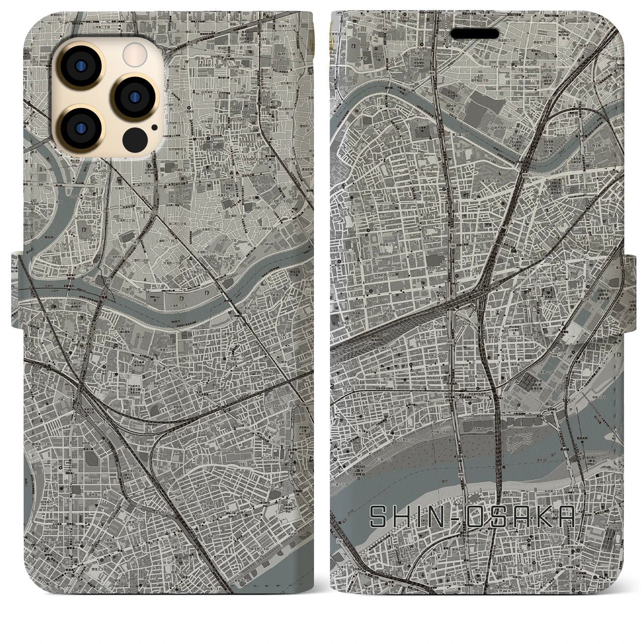 【新大阪】地図柄iPhoneケース（手帳両面タイプ・モノトーン）iPhone 12 Pro Max 用