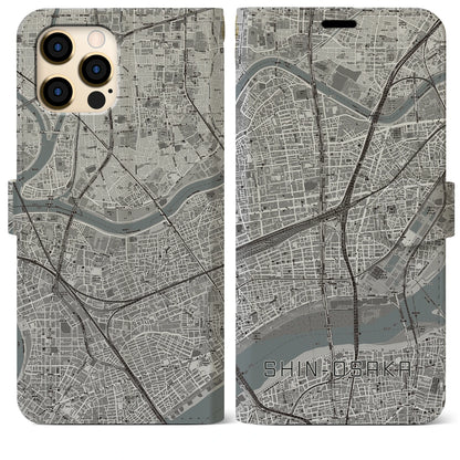 【新大阪（大阪府）】地図柄iPhoneケース（手帳タイプ）モノトーン・iPhone 12 Pro Max 用