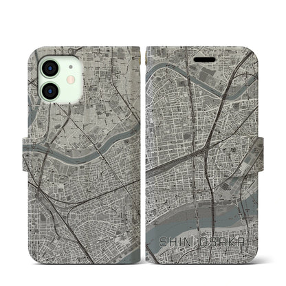 【新大阪（大阪府）】地図柄iPhoneケース（手帳タイプ）モノトーン・iPhone 12 mini 用