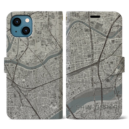【新大阪（大阪府）】地図柄iPhoneケース（手帳タイプ）モノトーン・iPhone 13 用