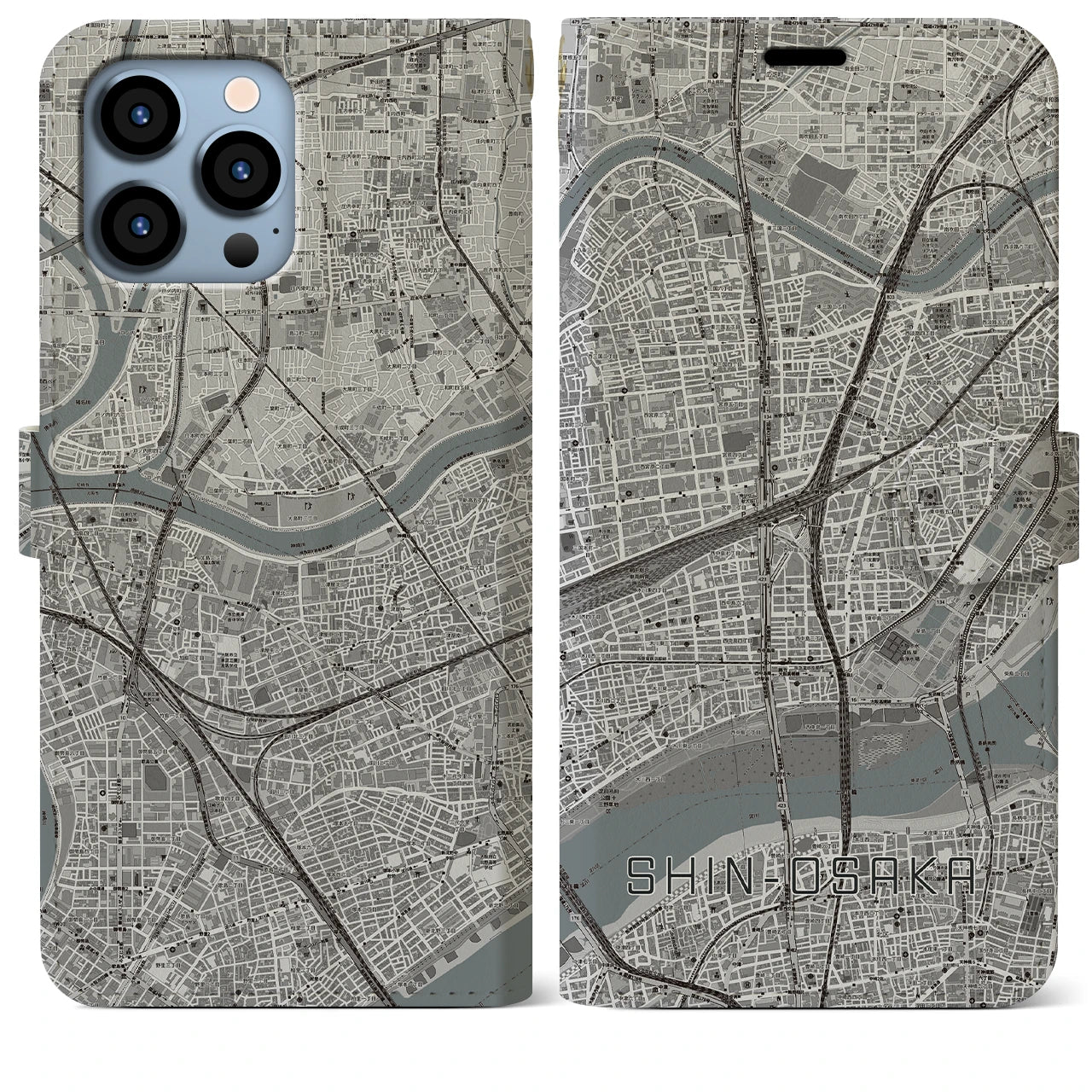 【新大阪】地図柄iPhoneケース（手帳両面タイプ・モノトーン）iPhone 13 Pro Max 用