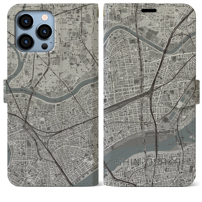 【新大阪（大阪府）】地図柄iPhoneケース（手帳タイプ）モノトーン・iPhone 13 Pro Max 用