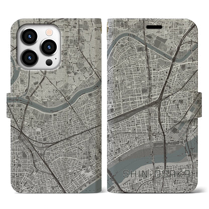 【新大阪（大阪府）】地図柄iPhoneケース（手帳タイプ）モノトーン・iPhone 13 Pro 用