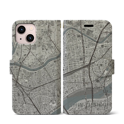 【新大阪（大阪府）】地図柄iPhoneケース（手帳タイプ）モノトーン・iPhone 13 mini 用