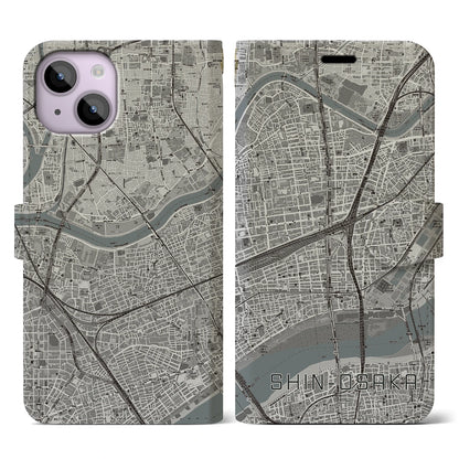 【新大阪（大阪府）】地図柄iPhoneケース（手帳タイプ）モノトーン・iPhone 14 用