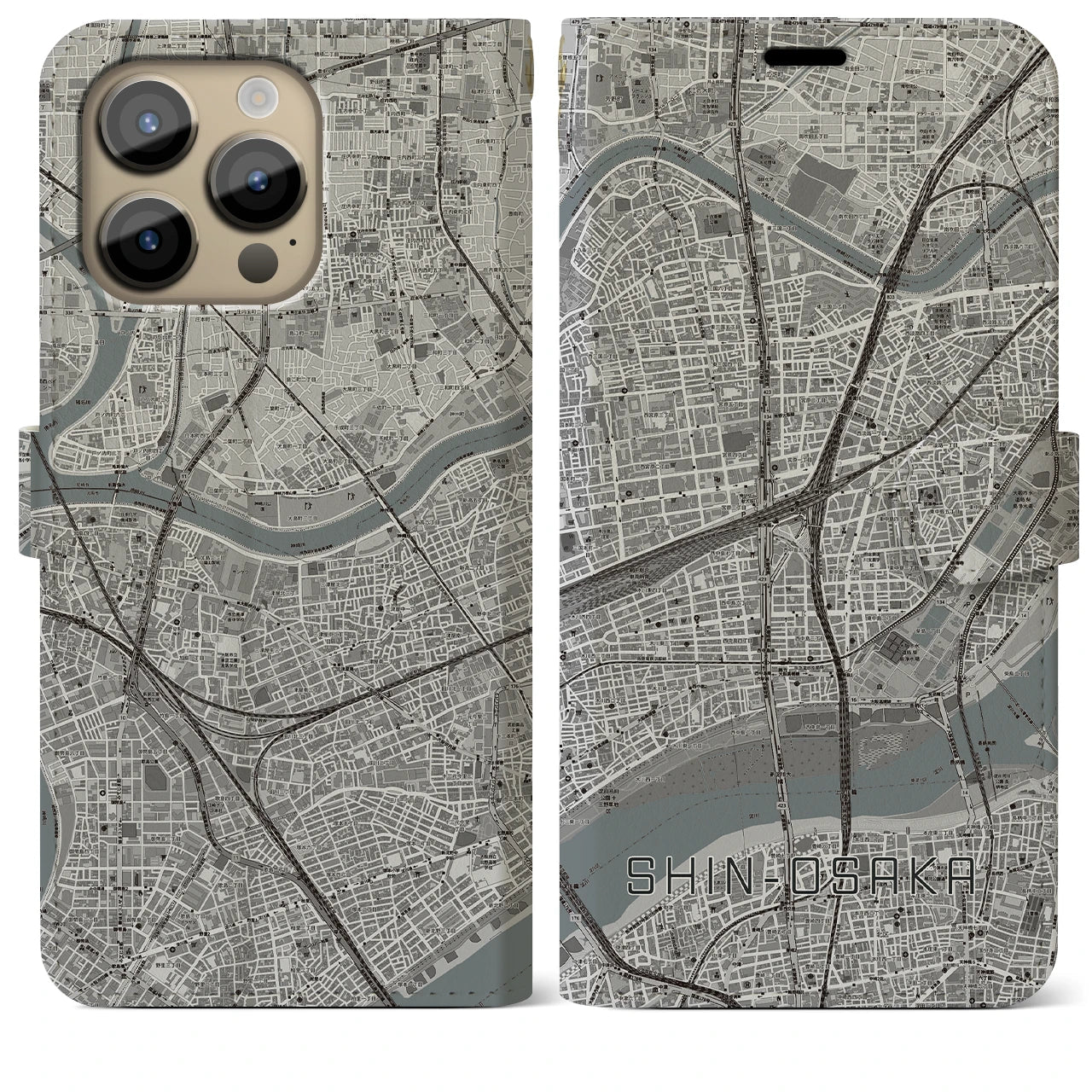 【新大阪】地図柄iPhoneケース（手帳両面タイプ・モノトーン）iPhone 14 Pro Max 用