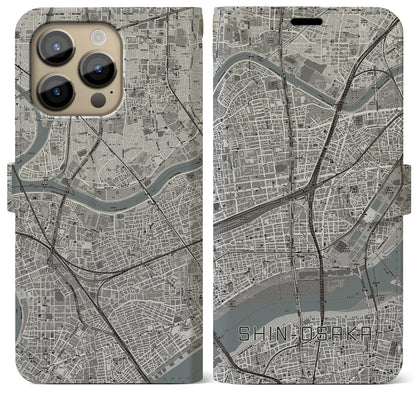 【新大阪（大阪府）】地図柄iPhoneケース（手帳タイプ）モノトーン・iPhone 14 Pro Max 用