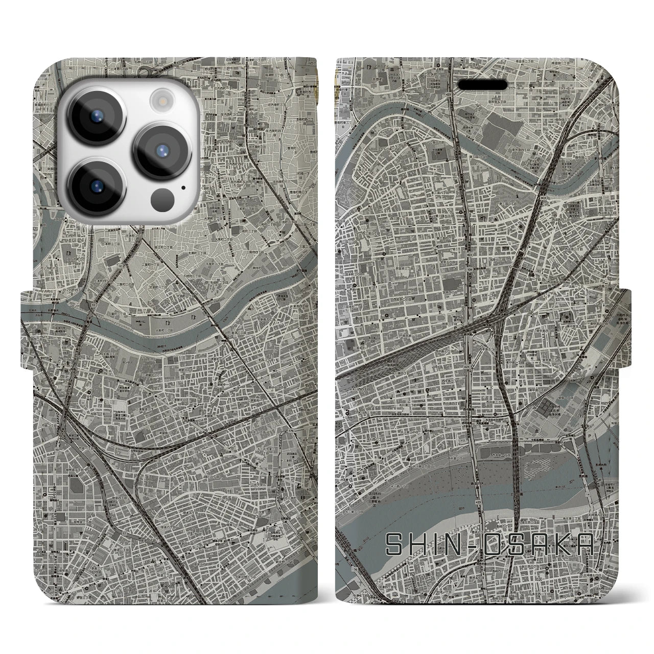 【新大阪】地図柄iPhoneケース（手帳両面タイプ・モノトーン）iPhone 14 Pro 用