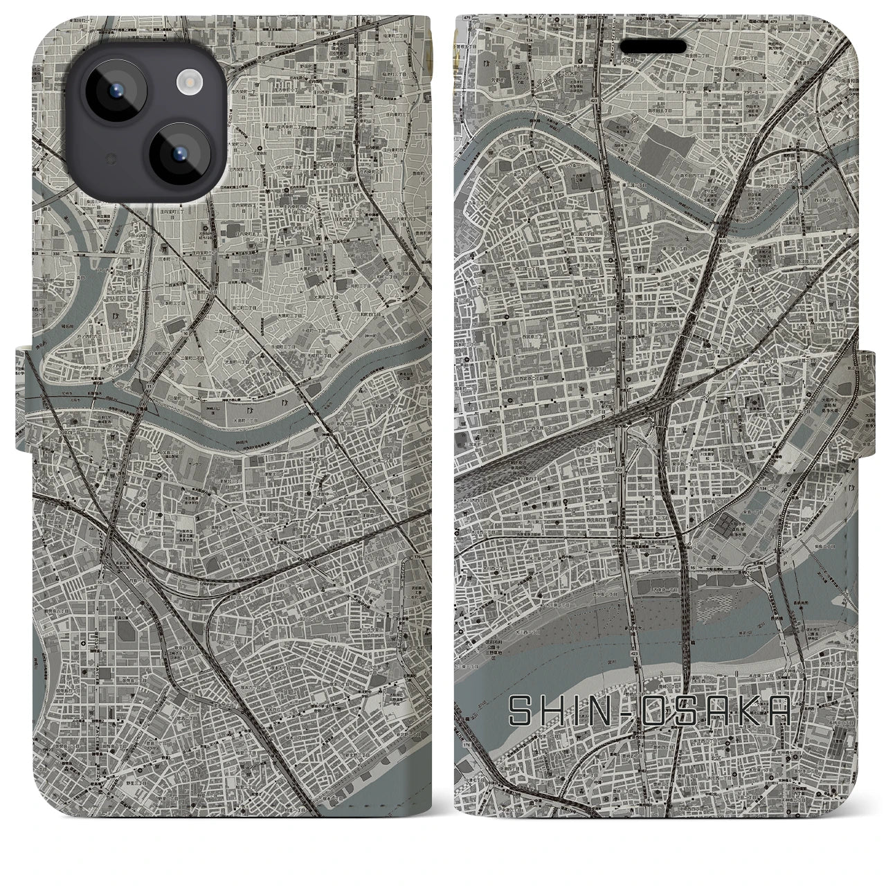【新大阪】地図柄iPhoneケース（手帳両面タイプ・モノトーン）iPhone 14 Plus 用