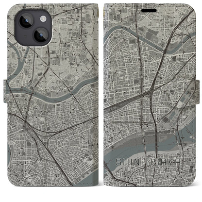 【新大阪（大阪府）】地図柄iPhoneケース（手帳タイプ）モノトーン・iPhone 14 Plus 用
