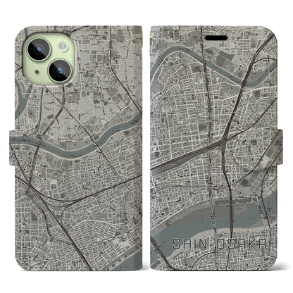 【新大阪（大阪府）】地図柄iPhoneケース（手帳タイプ）モノトーン・iPhone 15 用