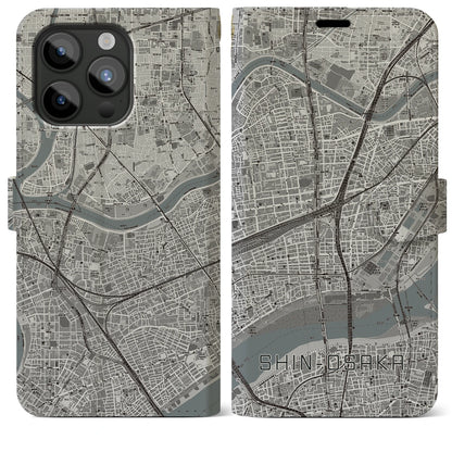 【新大阪（大阪府）】地図柄iPhoneケース（手帳タイプ）モノトーン・iPhone 15 Pro Max 用