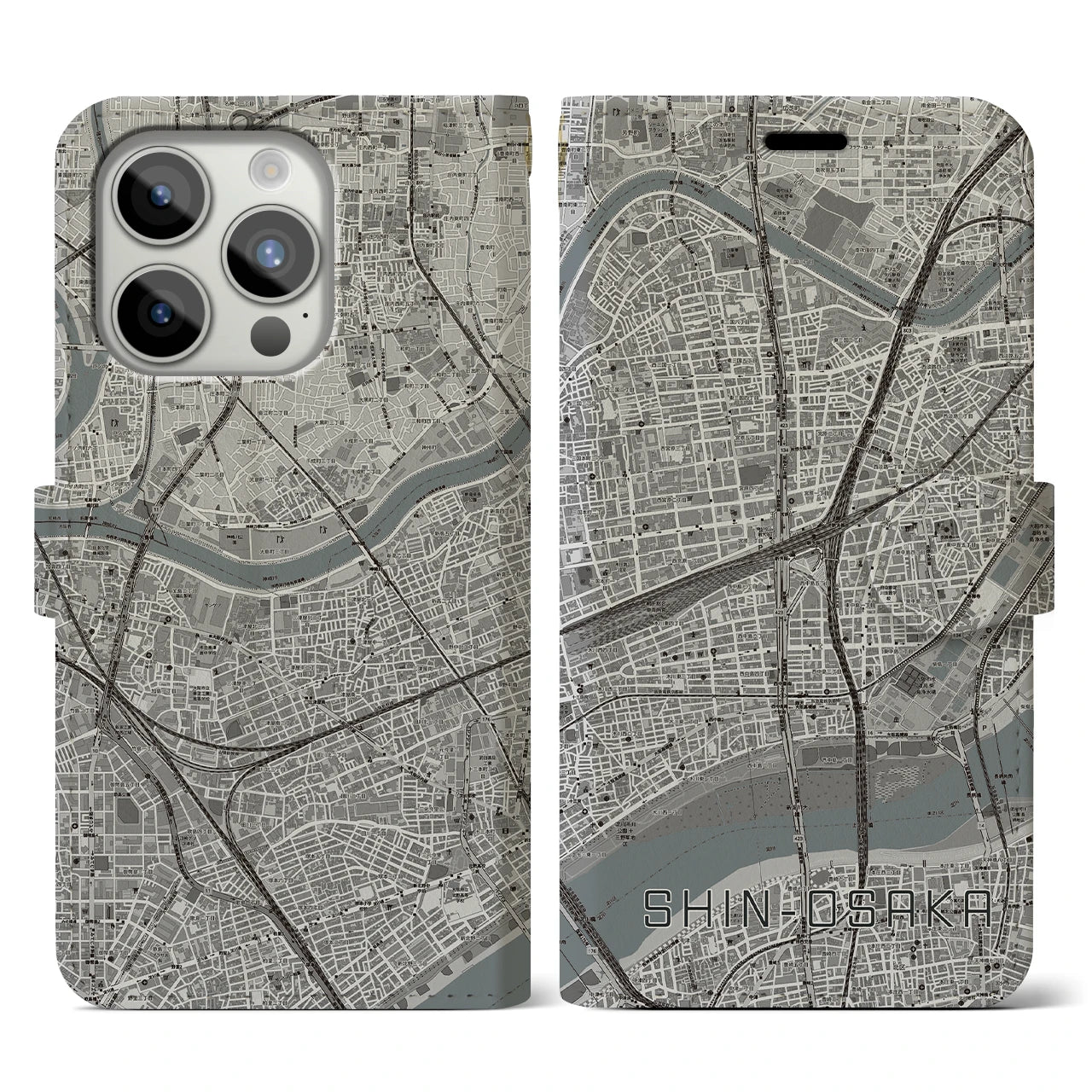 【新大阪】地図柄iPhoneケース（手帳両面タイプ・モノトーン）iPhone 15 Pro 用