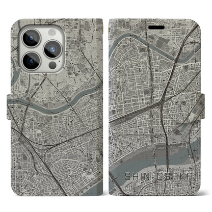 【新大阪（大阪府）】地図柄iPhoneケース（手帳タイプ）モノトーン・iPhone 15 Pro 用