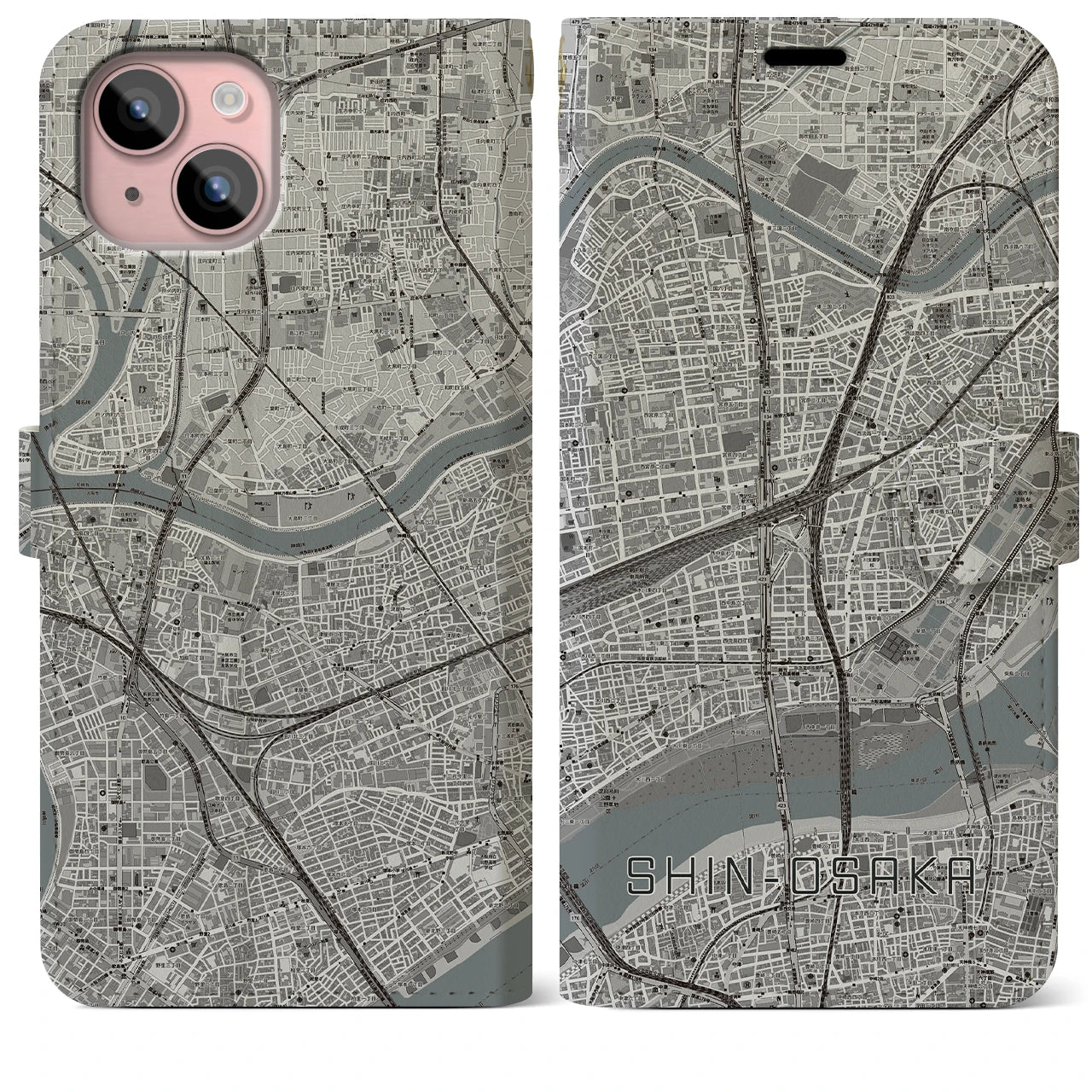 【新大阪】地図柄iPhoneケース（手帳両面タイプ・モノトーン）iPhone 15 Plus 用