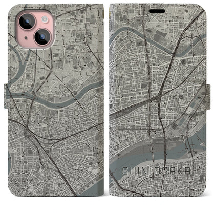【新大阪（大阪府）】地図柄iPhoneケース（手帳タイプ）モノトーン・iPhone 15 Plus 用