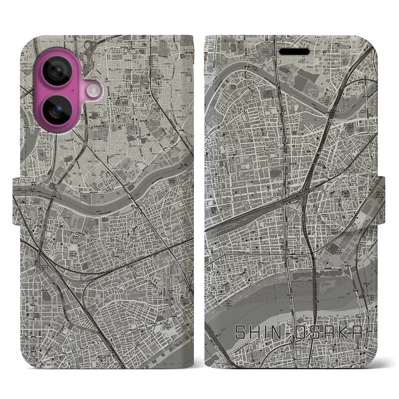 【新大阪（大阪府）】地図柄iPhoneケース（手帳タイプ）モノトーン・iPhone 16 Pro 用