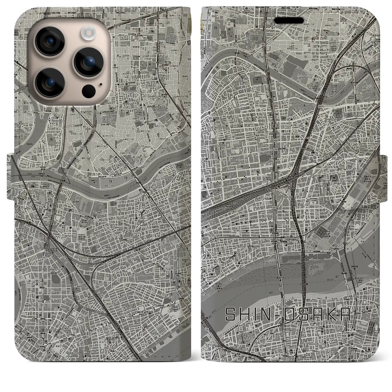 【新大阪（大阪府）】地図柄iPhoneケース（手帳タイプ）モノトーン・iPhone 16 Plus 用