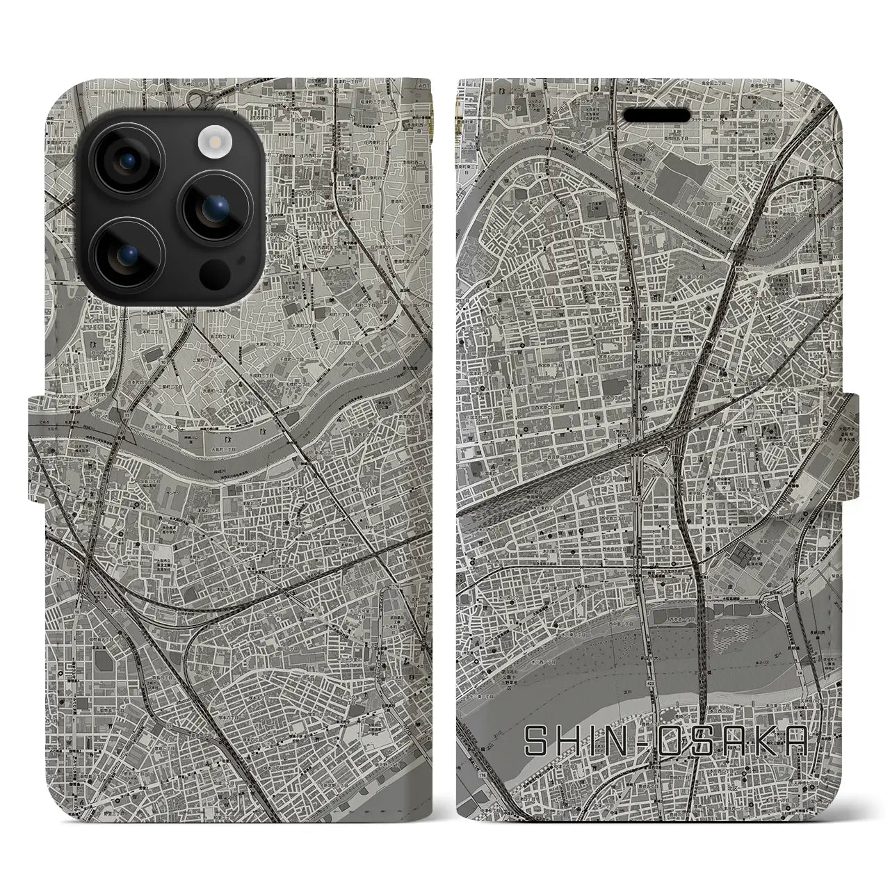 【新大阪（大阪府）】地図柄iPhoneケース（手帳タイプ）モノトーン・iPhone 16 用