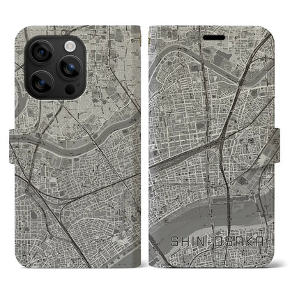 【新大阪（大阪府）】地図柄iPhoneケース（手帳タイプ）モノトーン・iPhone 16 用