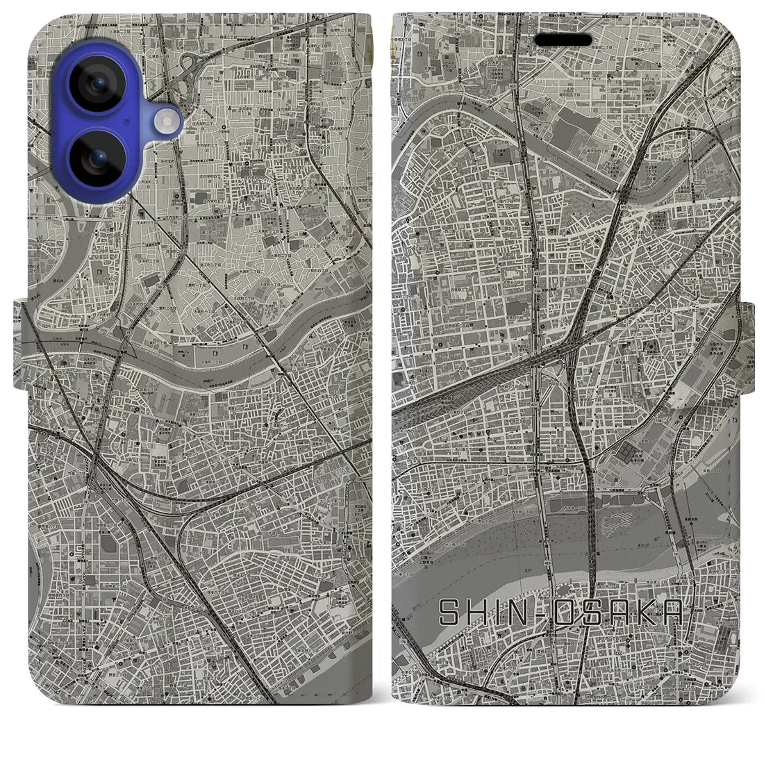 【新大阪（大阪府）】地図柄iPhoneケース（手帳タイプ）モノトーン・iPhone 16 Pro Max 用