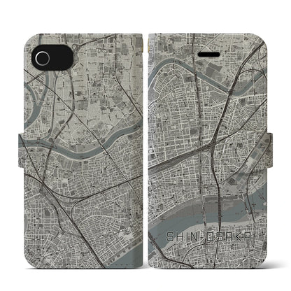【新大阪（大阪府）】地図柄iPhoneケース（手帳タイプ）モノトーン・iPhone SE（第3 / 第2世代） / 8 / 7 / 6s / 6 用