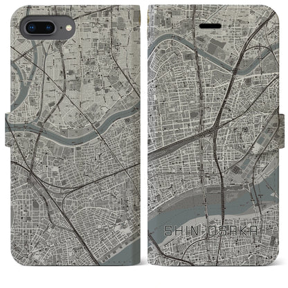 【新大阪（大阪府）】地図柄iPhoneケース（手帳タイプ）モノトーン・iPhone 8Plus /7Plus / 6sPlus / 6Plus 用