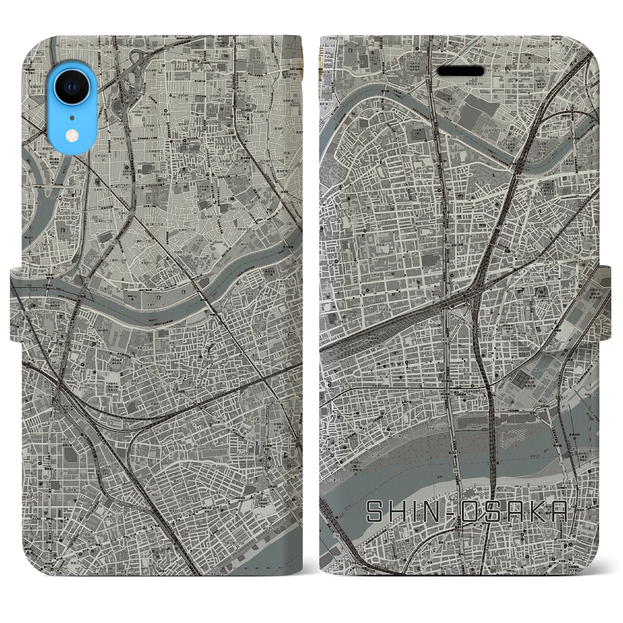 【新大阪】地図柄iPhoneケース（手帳両面タイプ・モノトーン）iPhone XR 用