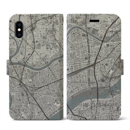 【新大阪（大阪府）】地図柄iPhoneケース（手帳タイプ）モノトーン・iPhone XS / X 用