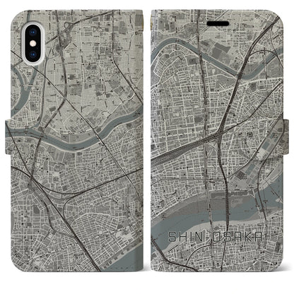【新大阪（大阪府）】地図柄iPhoneケース（手帳タイプ）モノトーン・iPhone XS Max 用