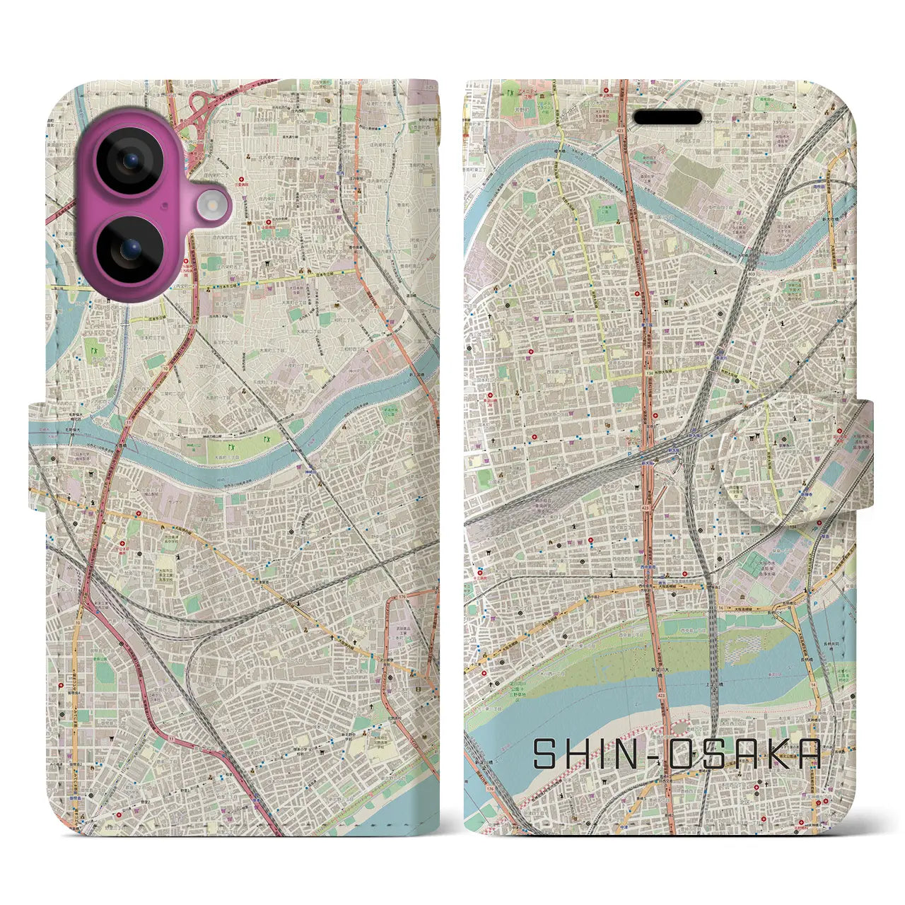 【新大阪（大阪府）】地図柄iPhoneケース（手帳タイプ）ナチュラル・iPhone 16 Pro 用