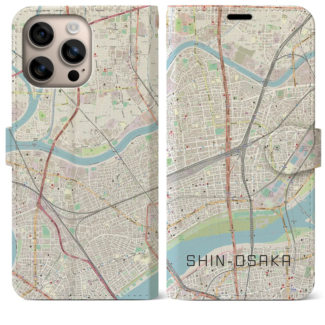 【新大阪（大阪府）】地図柄iPhoneケース（手帳タイプ）ナチュラル・iPhone 16 Plus 用