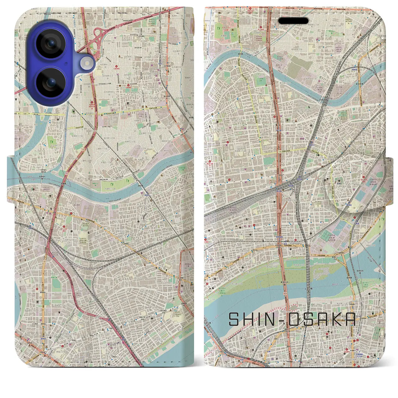 【新大阪（大阪府）】地図柄iPhoneケース（手帳タイプ）ナチュラル・iPhone 16 Pro Max 用